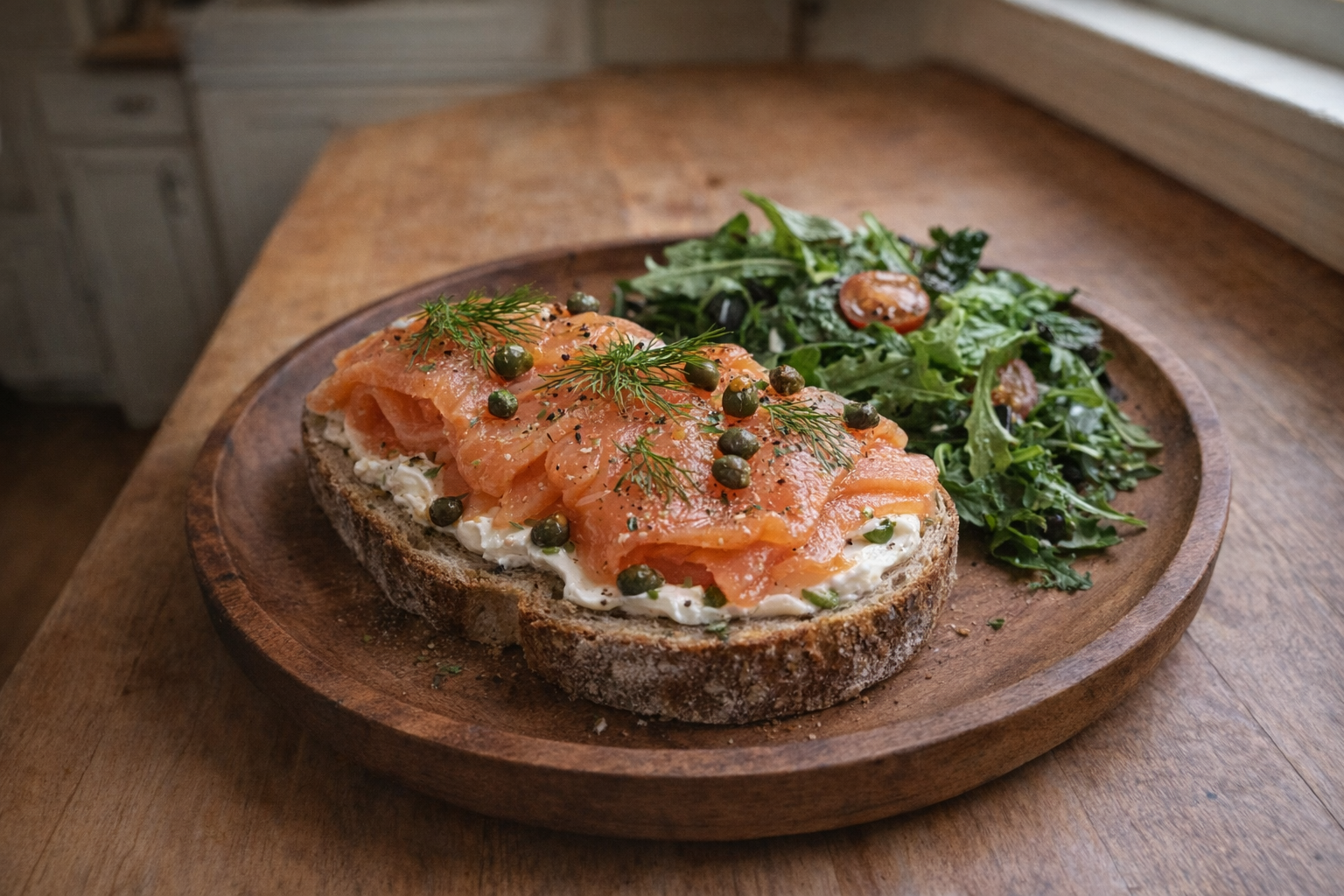 A high-angle shot of a beautifully plated open-faced sandwich on a rustic wooden plate, showcasing artisan bread topped with smoked salmon, cream cheese, capers, and fresh dill, alongside a small side salad. Soft, diffused lighting.